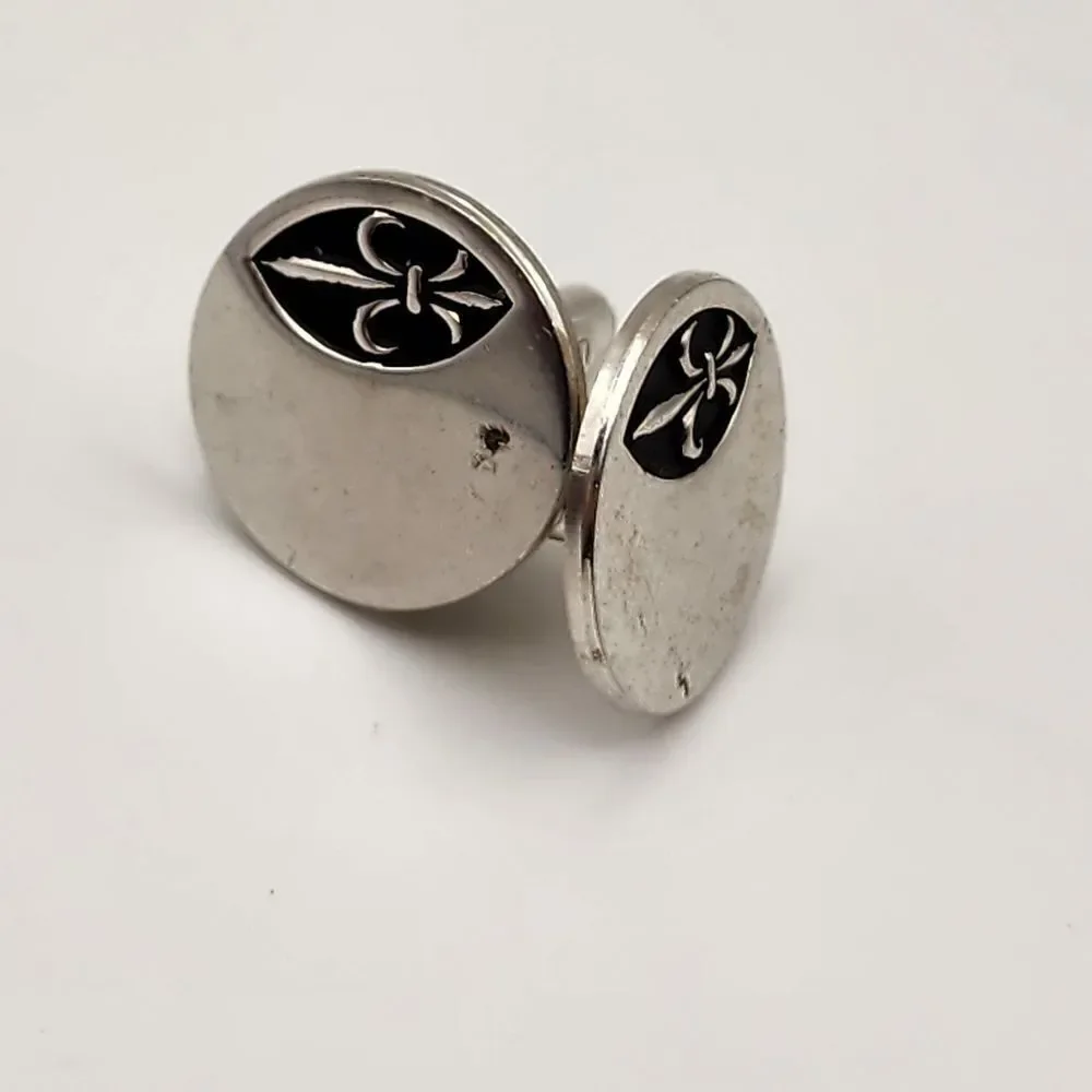 Cufflinks Silver Tone w/Black Accents Fancy Design Vintage Pair Shields Signed